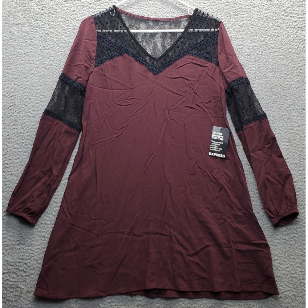 Express Shift Dress Womens Small Multi Lace Trim Detail Balloon Sleeve V-Neck